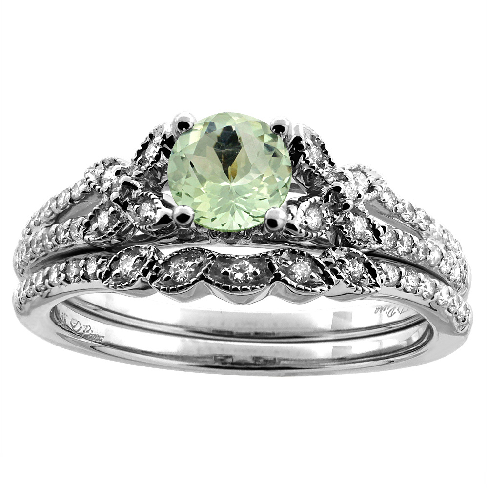14K White/Yellow Gold Floral Diamond Natural Green Amethyst 2pc Engagement Ring Set Round 5 mm, size 5-10