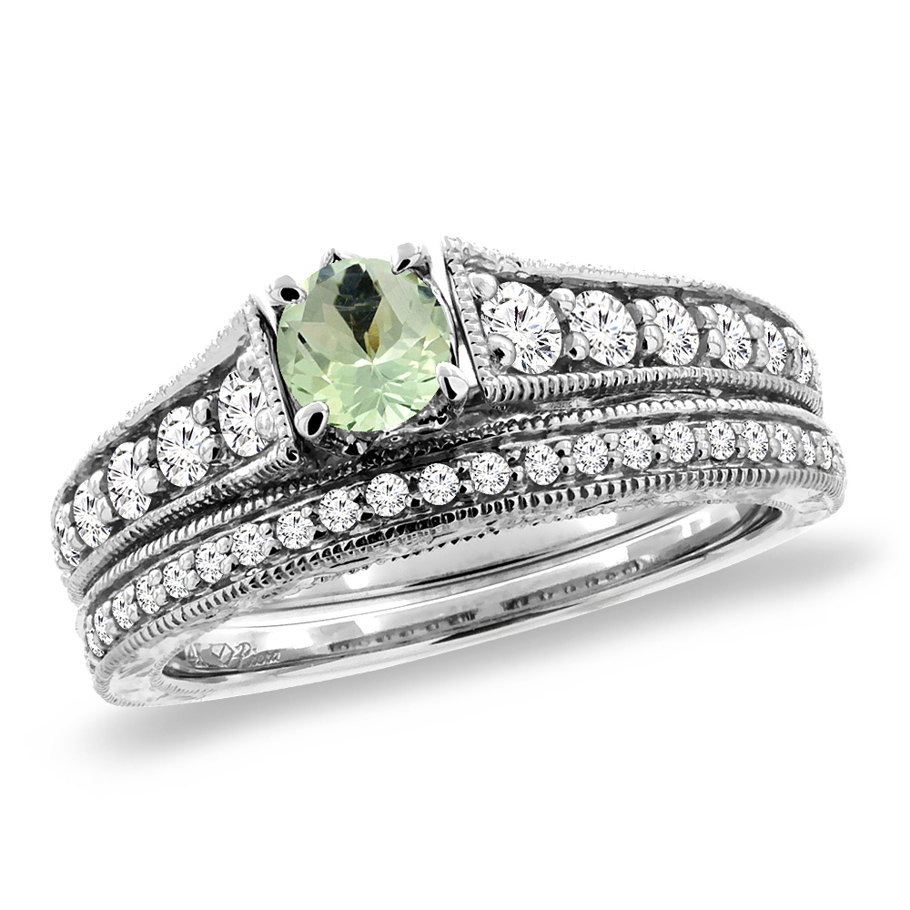 14K White Gold Diamond Natural Green Amethyst 2pc Engagement Ring Set Round 5 mm, size 5-10