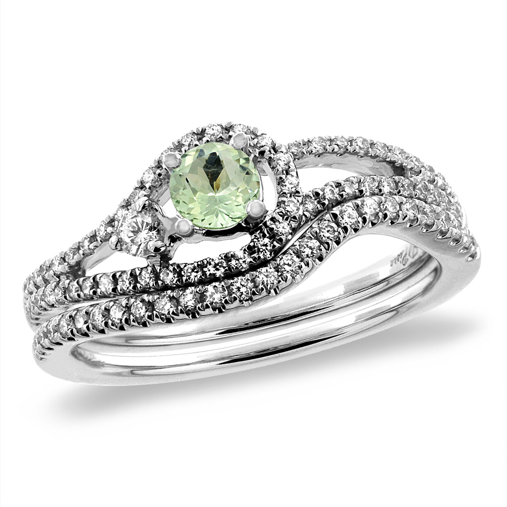 14K White Gold Diamond Natural Green Amethyst 2pc Engagement Ring Set Round 5 mm, size 5-10