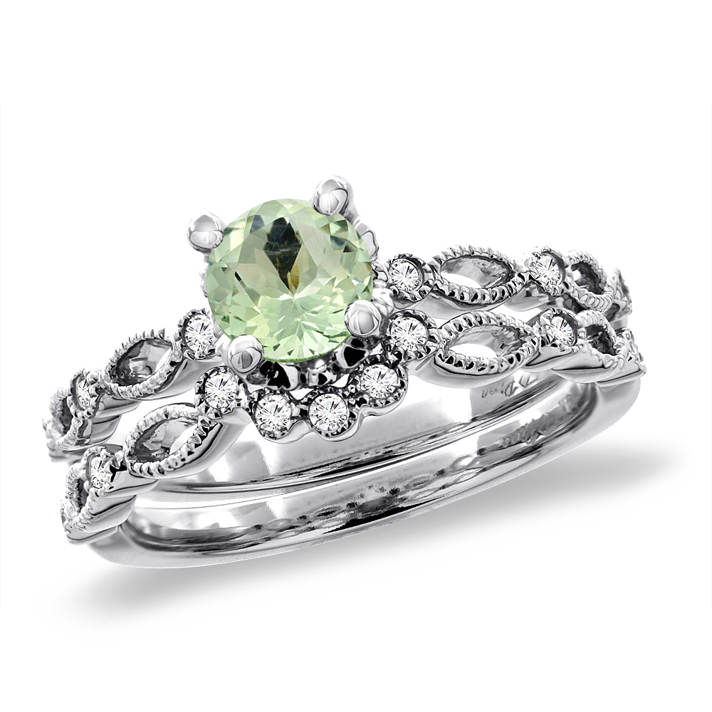 14K Yellow Gold Diamond Natural Green Amethyst 2pc Engagement Ring Set Round 5 mm, sizes 5 - 10