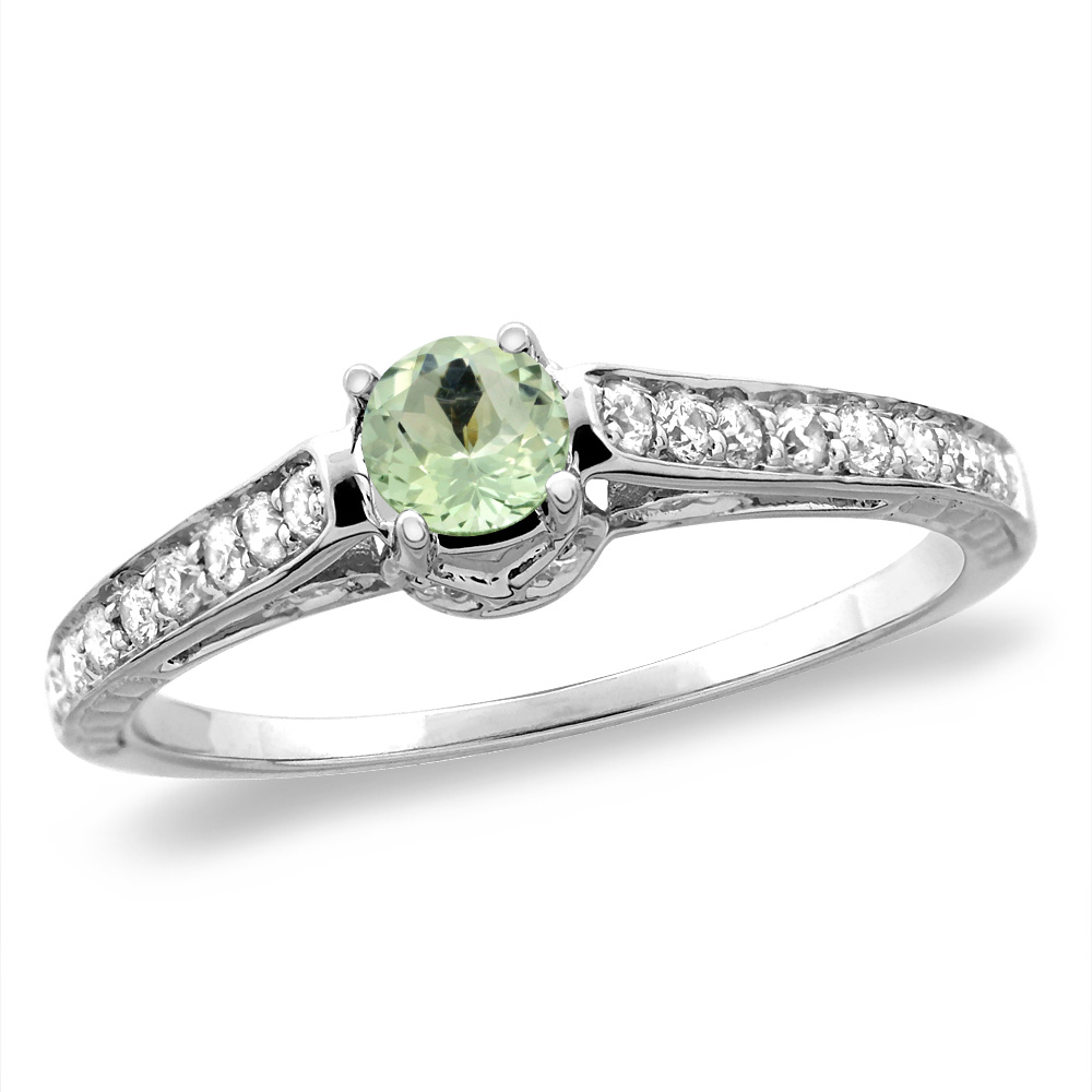 14K White/Yellow Gold Diamond Natural Green Amethyst Engagement Ring Round 5 mm,size 5-10