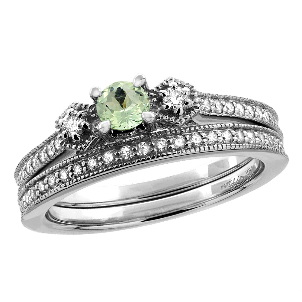 14K White/Yellow Gold Diamond Natural Green Amethyst 2pc Engagement Ring Set Round 4 mm, sizes 5 - 10