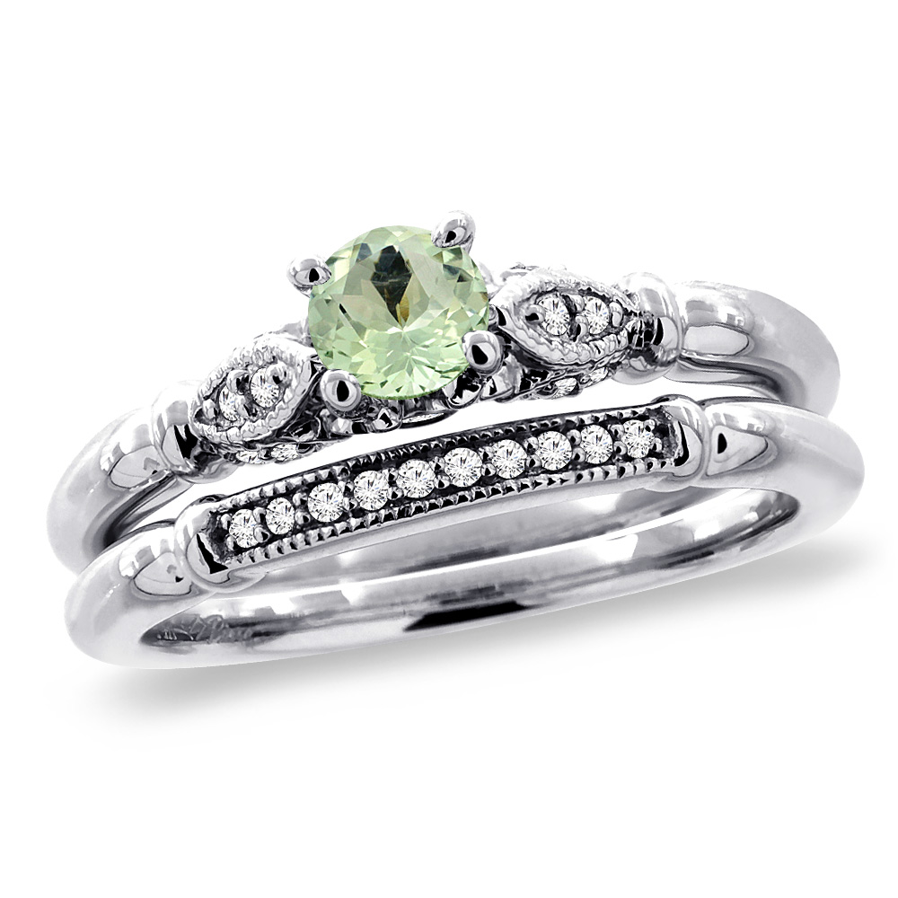 14K White Gold Diamond Natural Green Amethyst 2pc Engagement Ring Set Round 4 mm, sizes 5 - 10