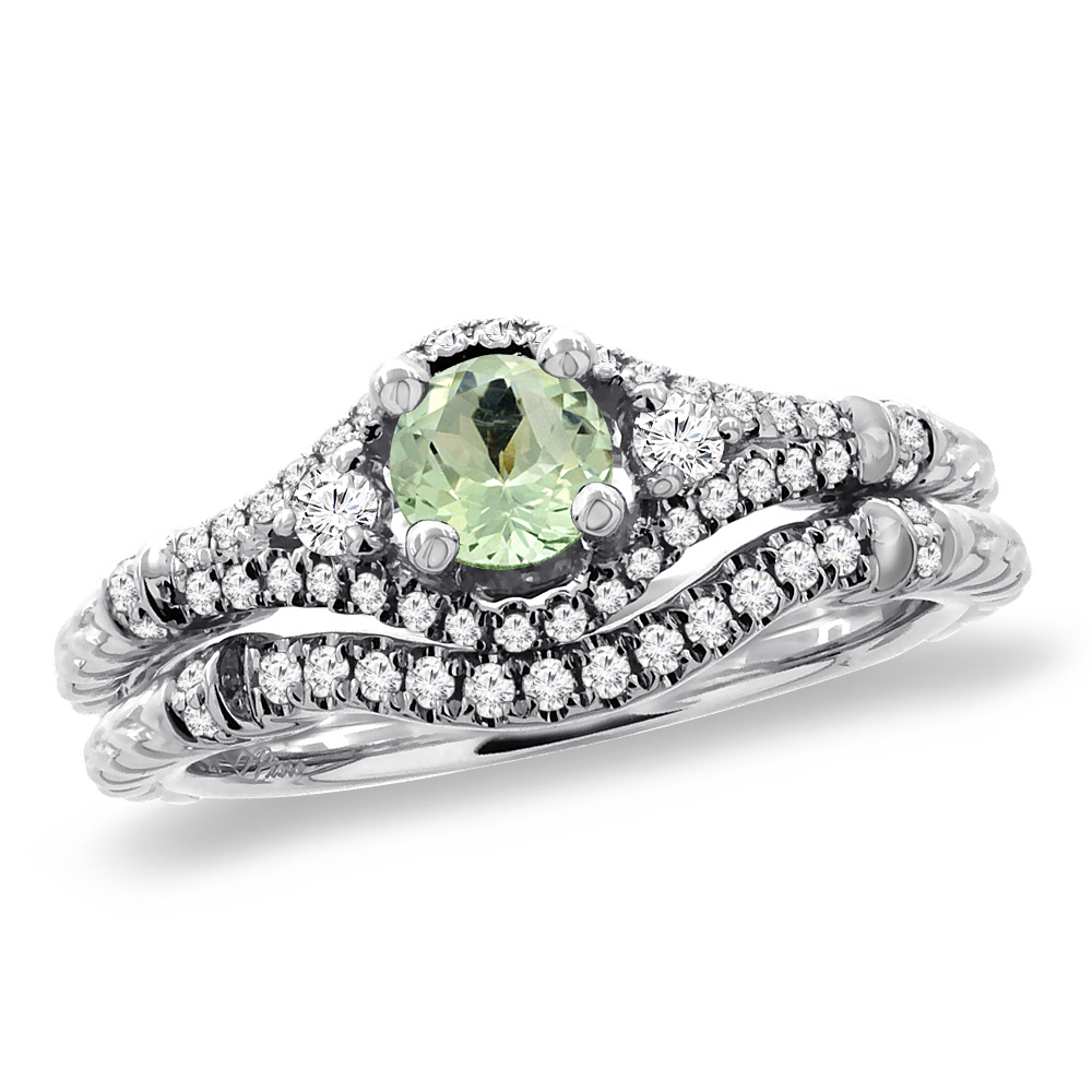 14K White Gold Diamond Natural Green Amethyst 2pc Engagement Ring Set Round 4 mm, sizes 5 - 10