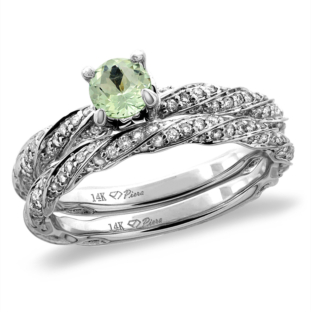 14K White/Yellow Gold Diamond Natural Green Amethyst 2pc Twisted Engagement Ring Set Round 4 mm, size5-10