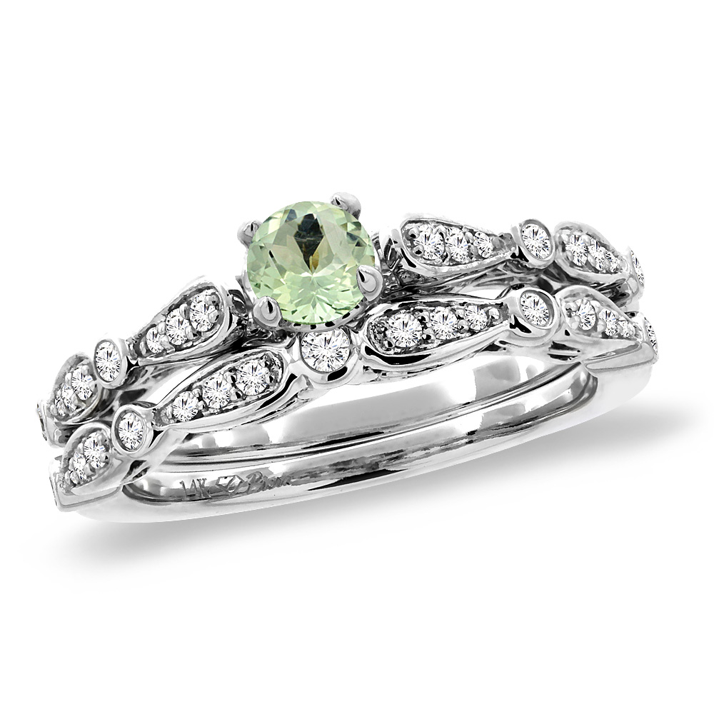 14K White Gold Diamond Natural Green Amethyst 2pc Engagement Ring Set Round 4 mm, size5-10