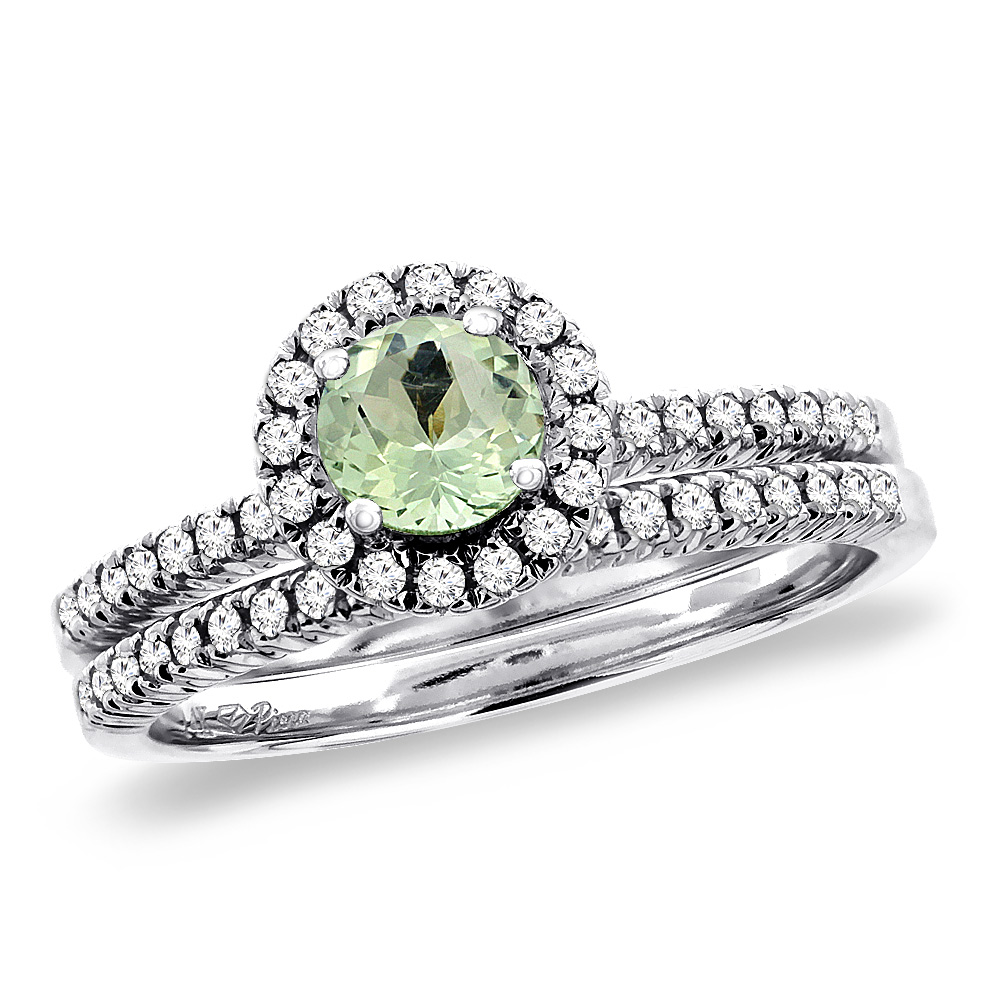 14K White Gold Diamond Natural Green Amethyst 2pc Halo Engagement Ring Set Round 4 mm, size5-10