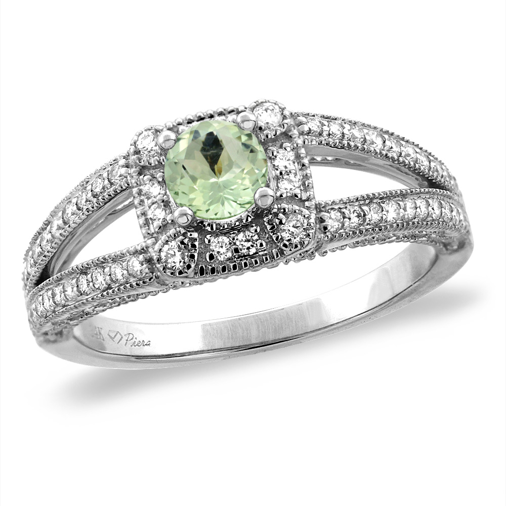 14K White/Yellow Gold Diamond Natural Green Amethyst Halo Engagement Ring Split Shank Round 4 mm, sizes 5 -10