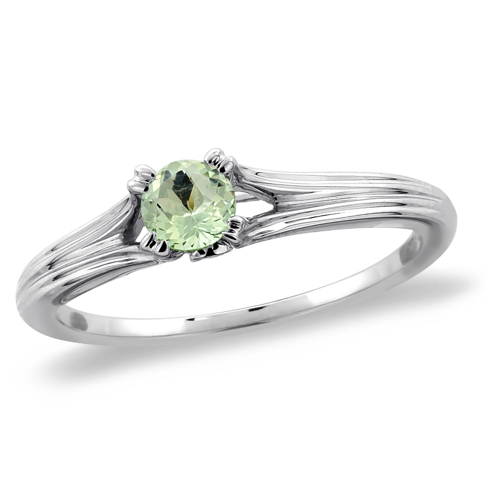 14K White Gold Diamond Natural Green Amethyst Solitaire Engagement Ring Round 4 mm, sizes 5 -10