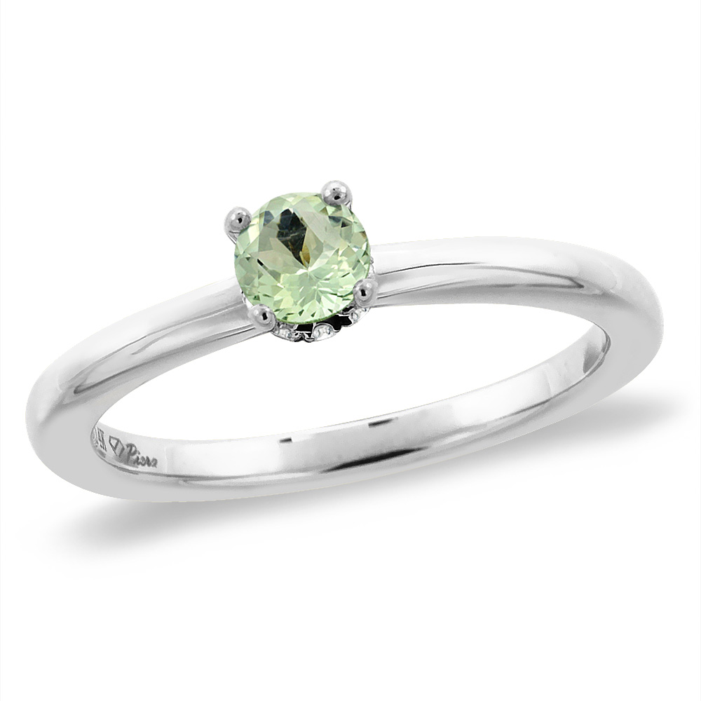 14K White Gold Diamond Natural Green Amethyst Solitaire Engagement Ring Round 4 mm, sizes 5 -10