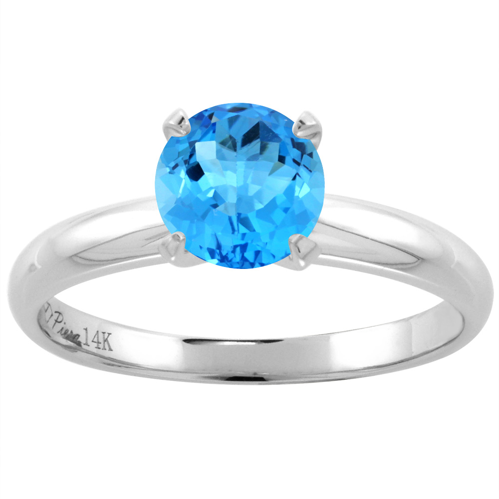 14K White Gold Natural Swiss Blue Topaz Solitaire Engagement Ring Round 7 mm, sizes 5-10