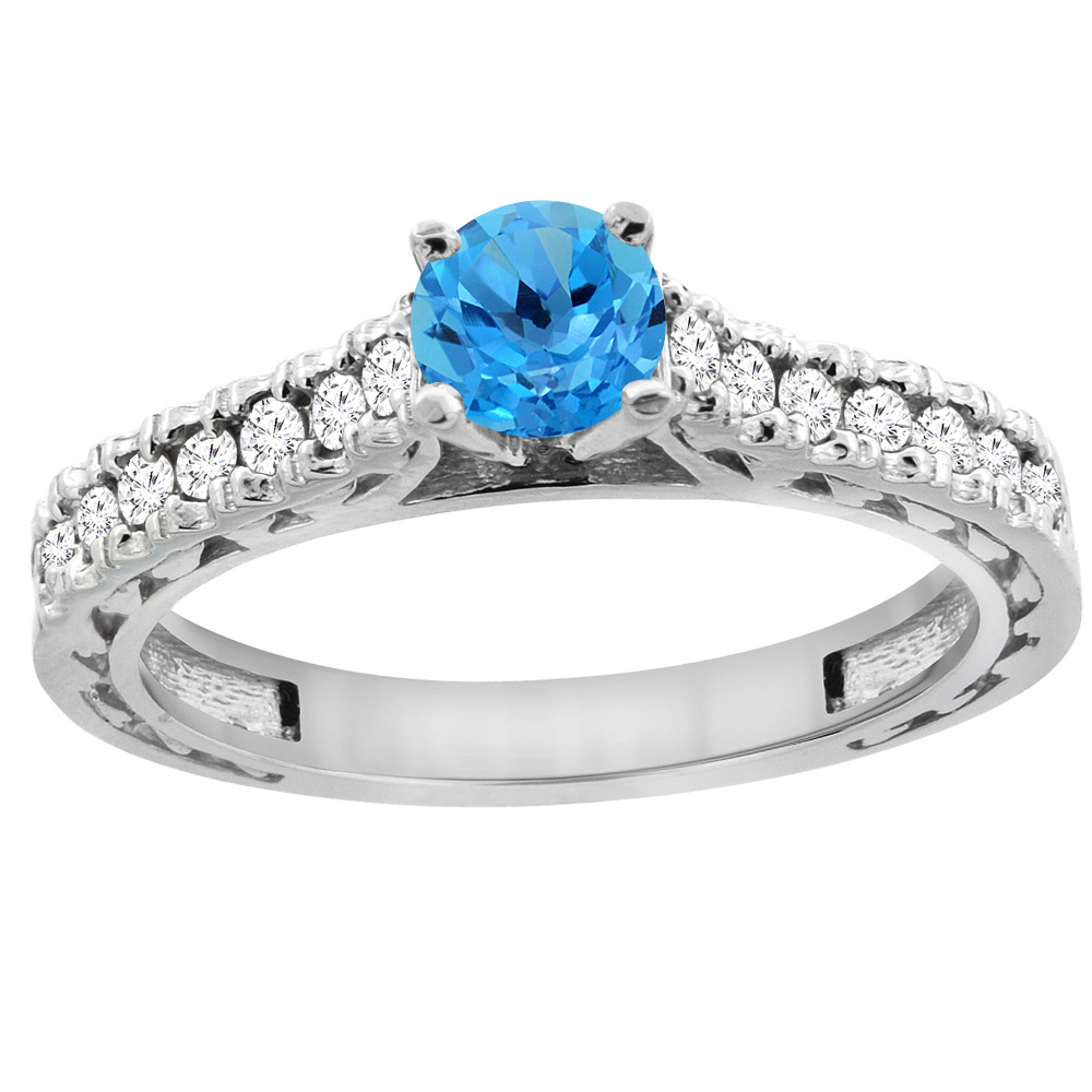14K White Gold Natural Swiss Blue Topaz Round 5mm Engraved Engagement Ring Diamond Accents, sizes 5 - 10