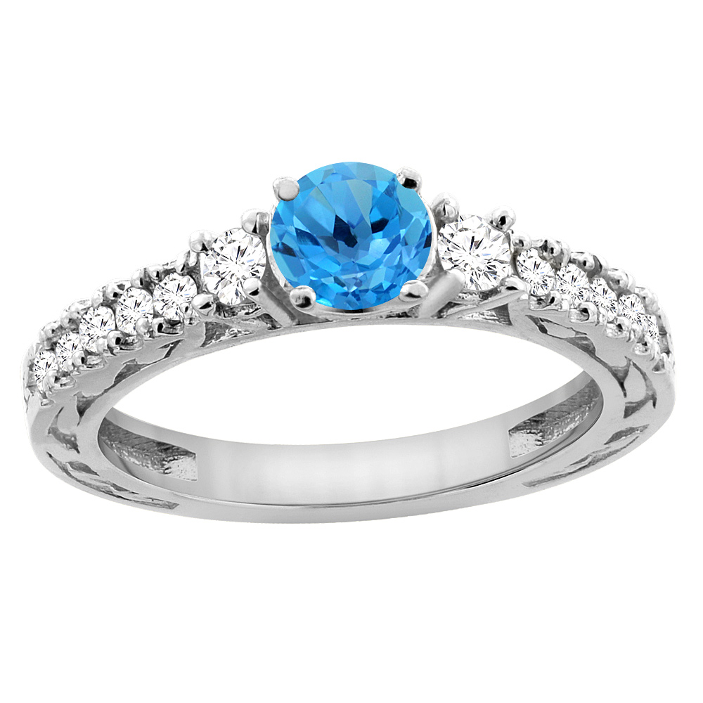 14K White Gold Natural Swiss Blue Topaz Round 6mm Engraved Engagement Ring Diamond Accents, sizes 5 - 10