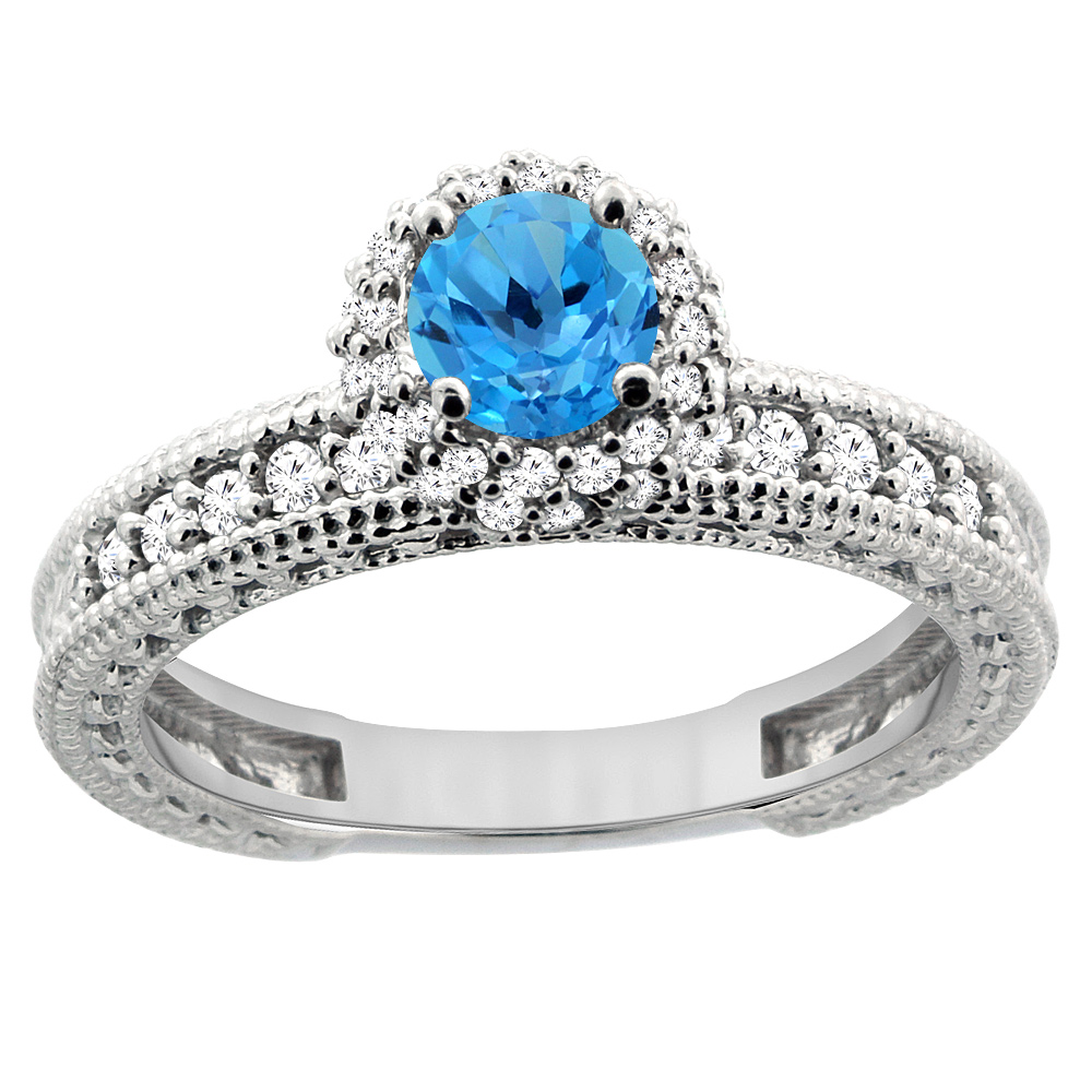 14K White Gold Natural Swiss Blue Topaz Round 5mm Engagement Ring Diamond Accents, sizes 5 - 10
