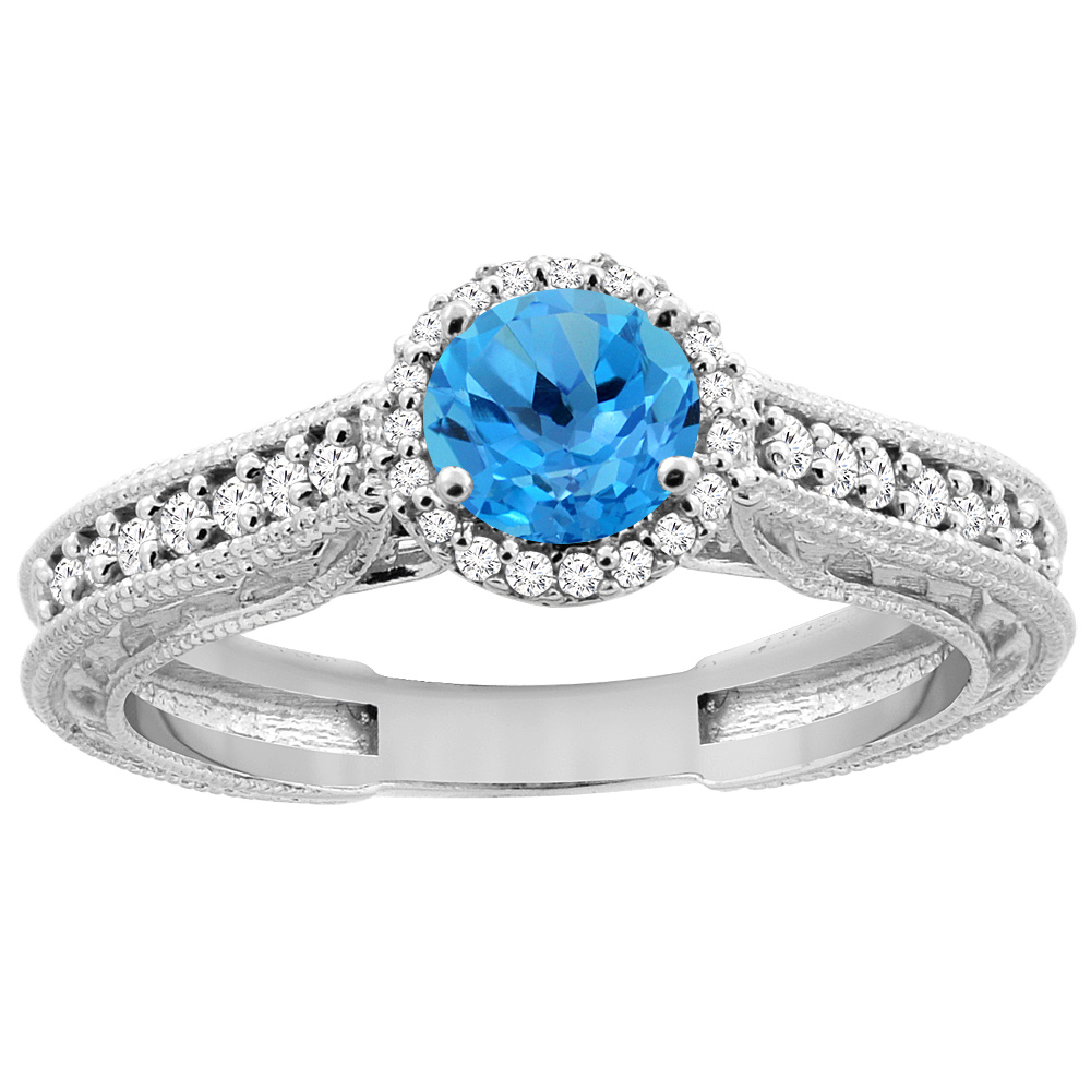 14K White Gold Natural Swiss Blue Topaz Round 5mm Engraved Engagement Ring Diamond Accents, sizes 5 - 10