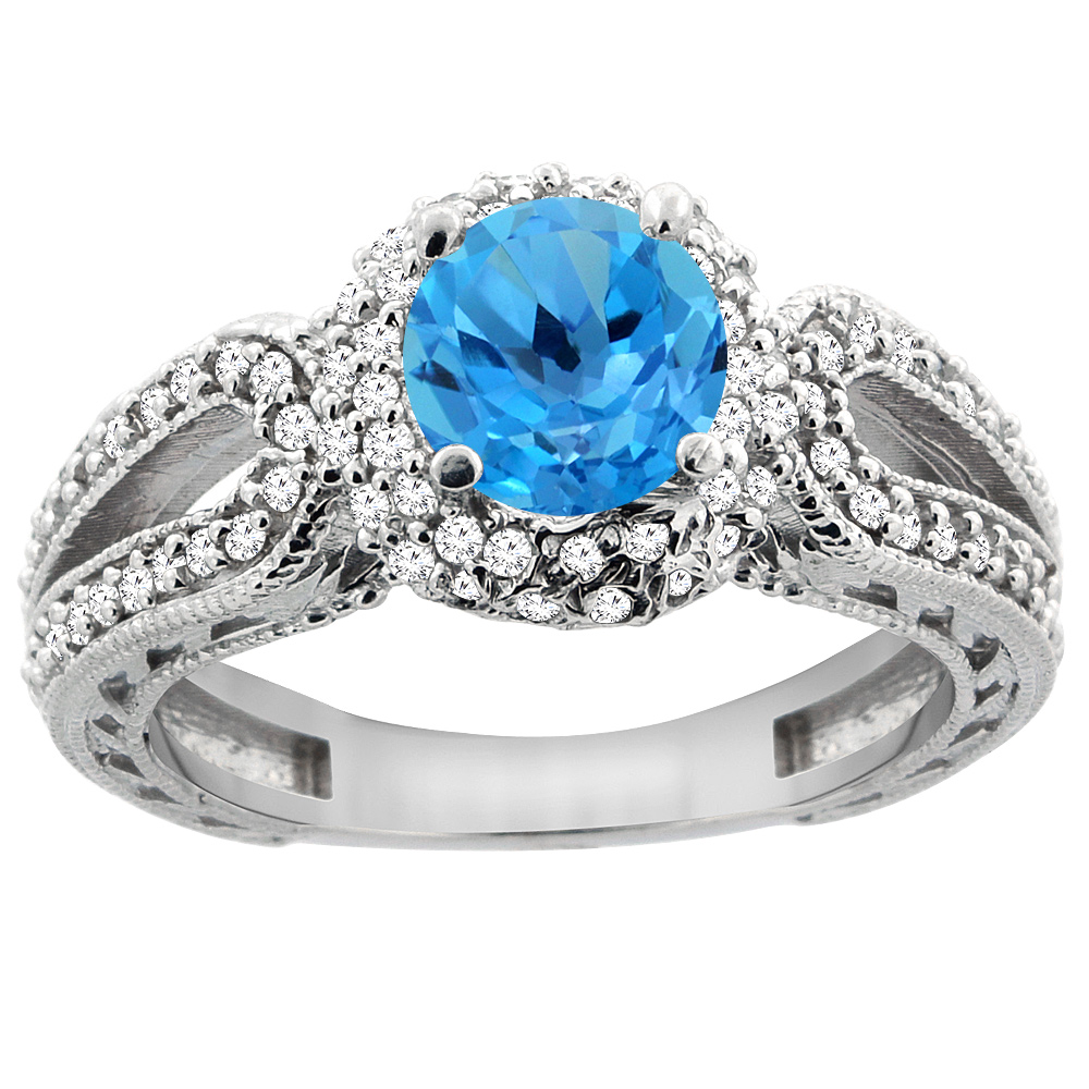 14K White Gold Natural Swiss Blue Topaz Engagement Ring Round 6mm Engraved Split Shank Diamond Accents, sizes 5 - 10
