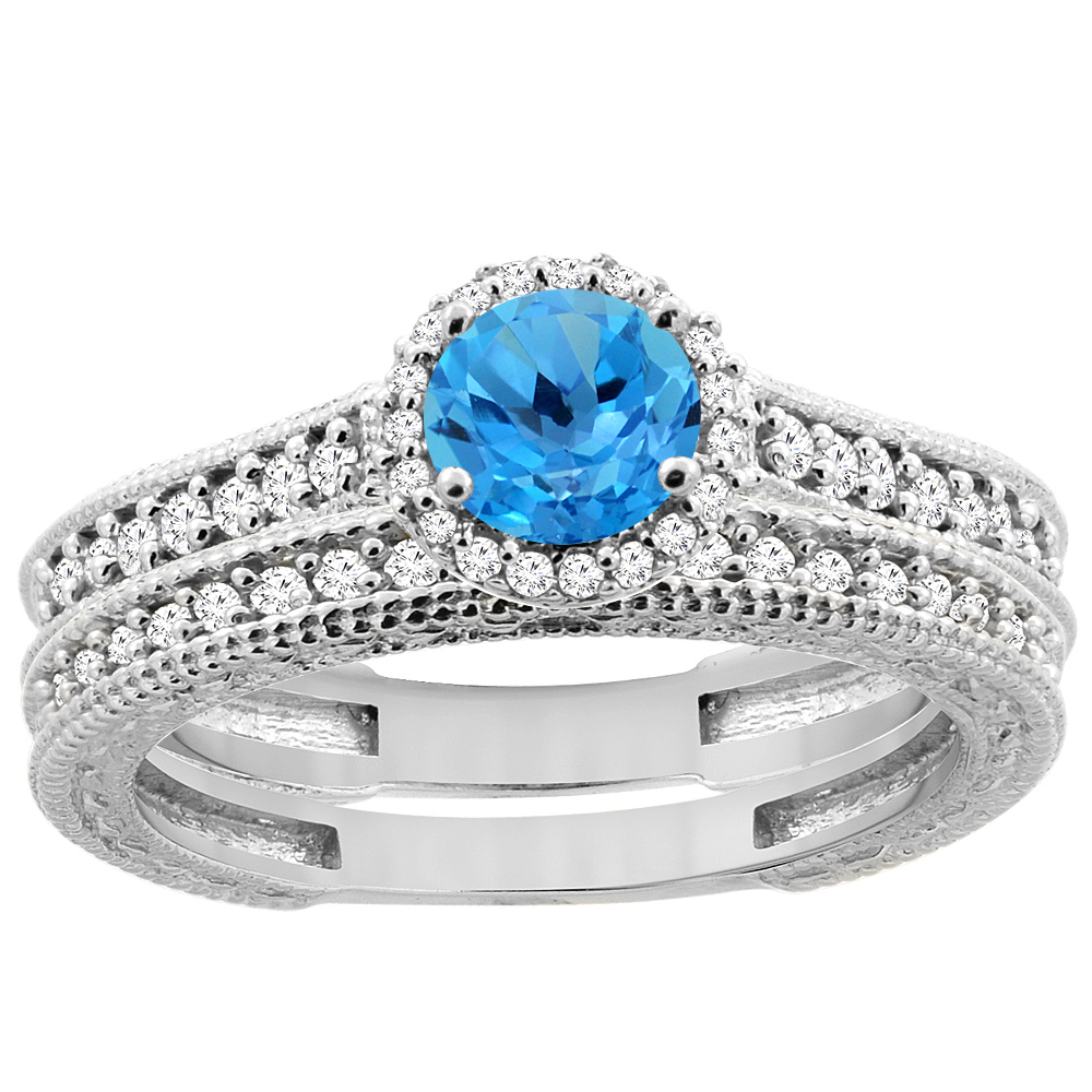 14K White Gold Natural Swiss Blue Topaz Round 5mm Engagement Ring 2-piece Set Diamond Accents, sizes 5 - 10