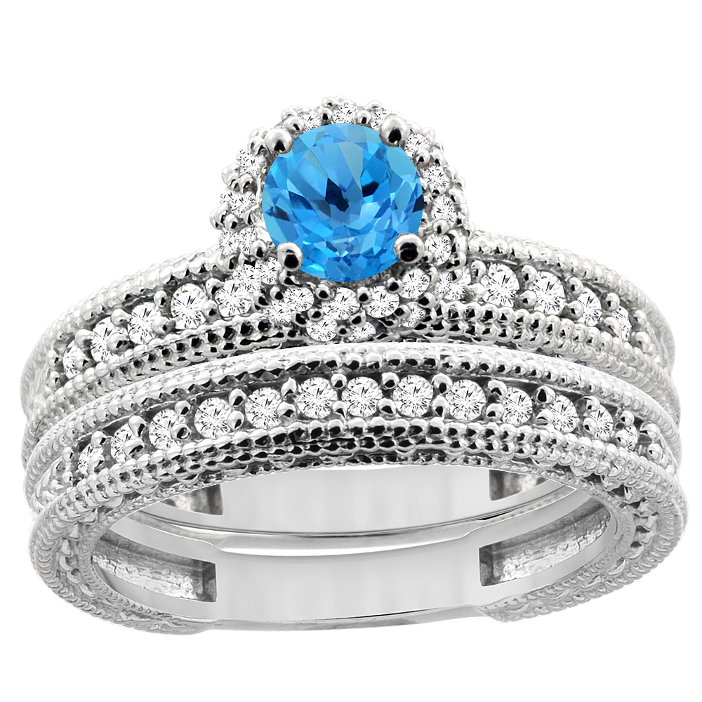 14K White Gold Diamond Natural Swiss Blue Topaz Round 4mm Engagement Ring 2-piece Set, sizes 5 - 10
