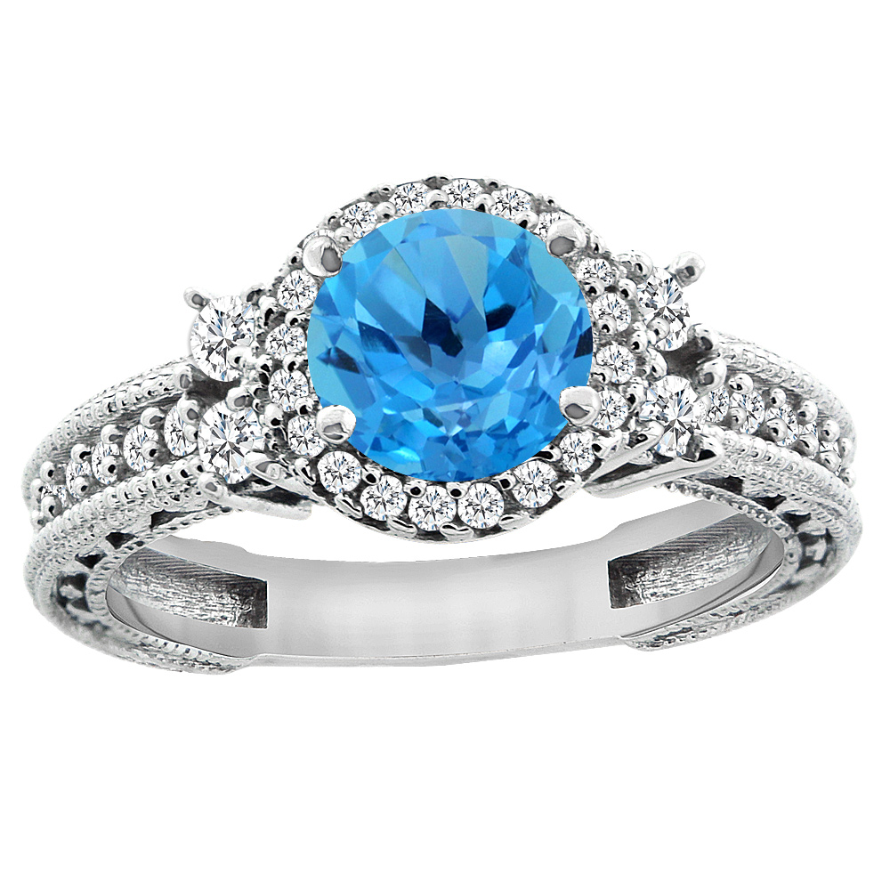 14K White Gold Natural Swiss Blue Topaz Halo Engagement Ring Round 6mm Diamond Accents, sizes 5 - 10