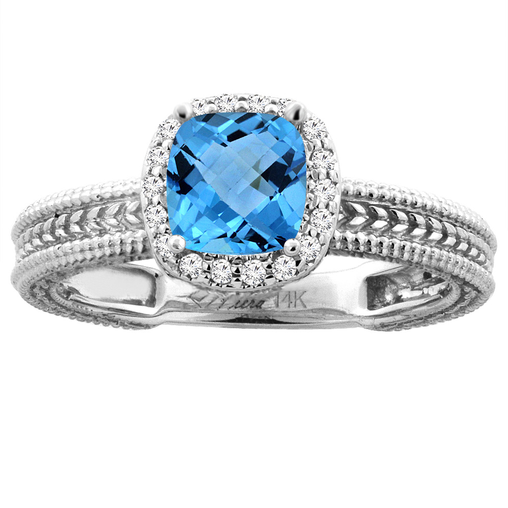 14K White Gold Diamond Natural Swiss Blue Topaz Engagement Ring Cushion 7x7 mm, sizes 5-10