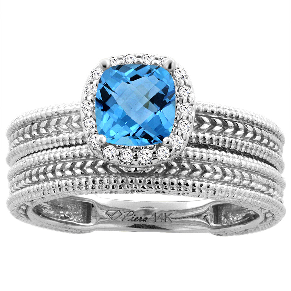 14K White Gold Diamond Natural Swiss Blue Topaz 2-pc Engagement Ring Set Cushion 7x7 mm, sizes 5-10