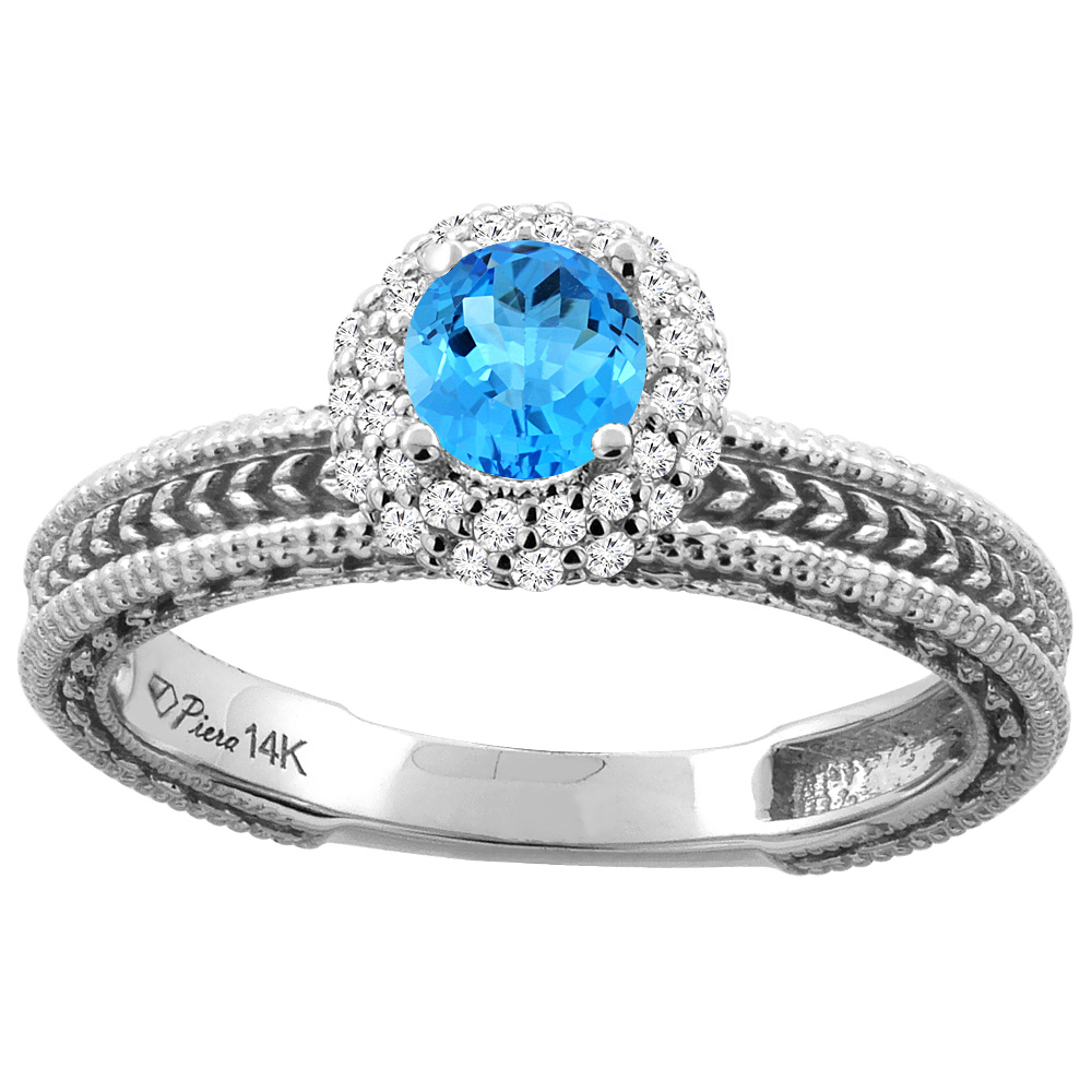 14K White Gold Natural Swiss Blue Topaz &amp; Diamond Engagement Ring Round 5 mm, sizes 5-10