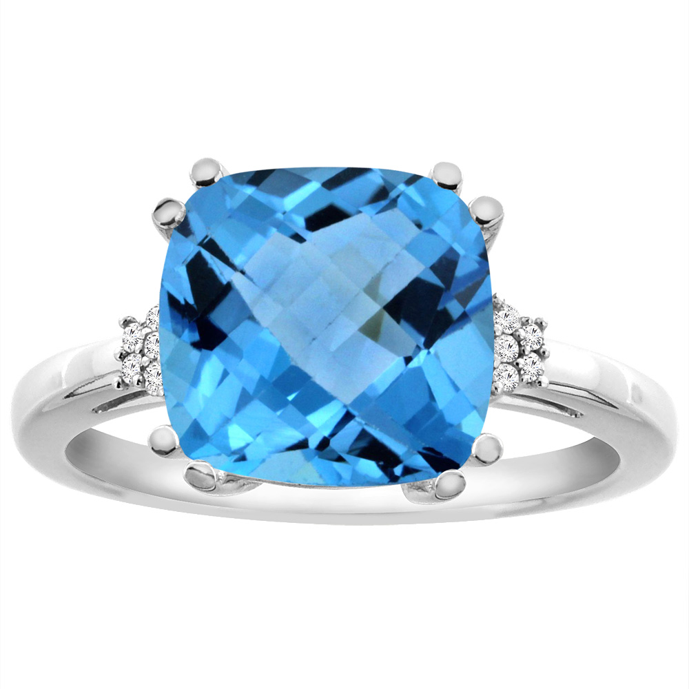 14K White Gold Diamond Natural Swiss Blue Topaz Engagement Ring Cushion-cut 10x10 mm, sizes 5-10
