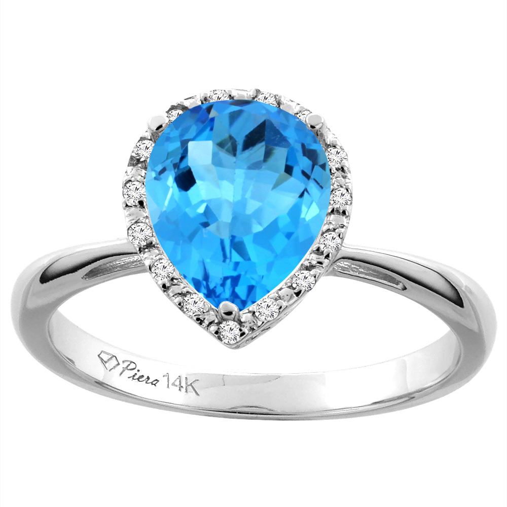 14K White Gold Natural Swiss Blue Topaz &amp; Diamond Halo Engagement Ring Pear Shape 9x7 mm, sizes 5-10