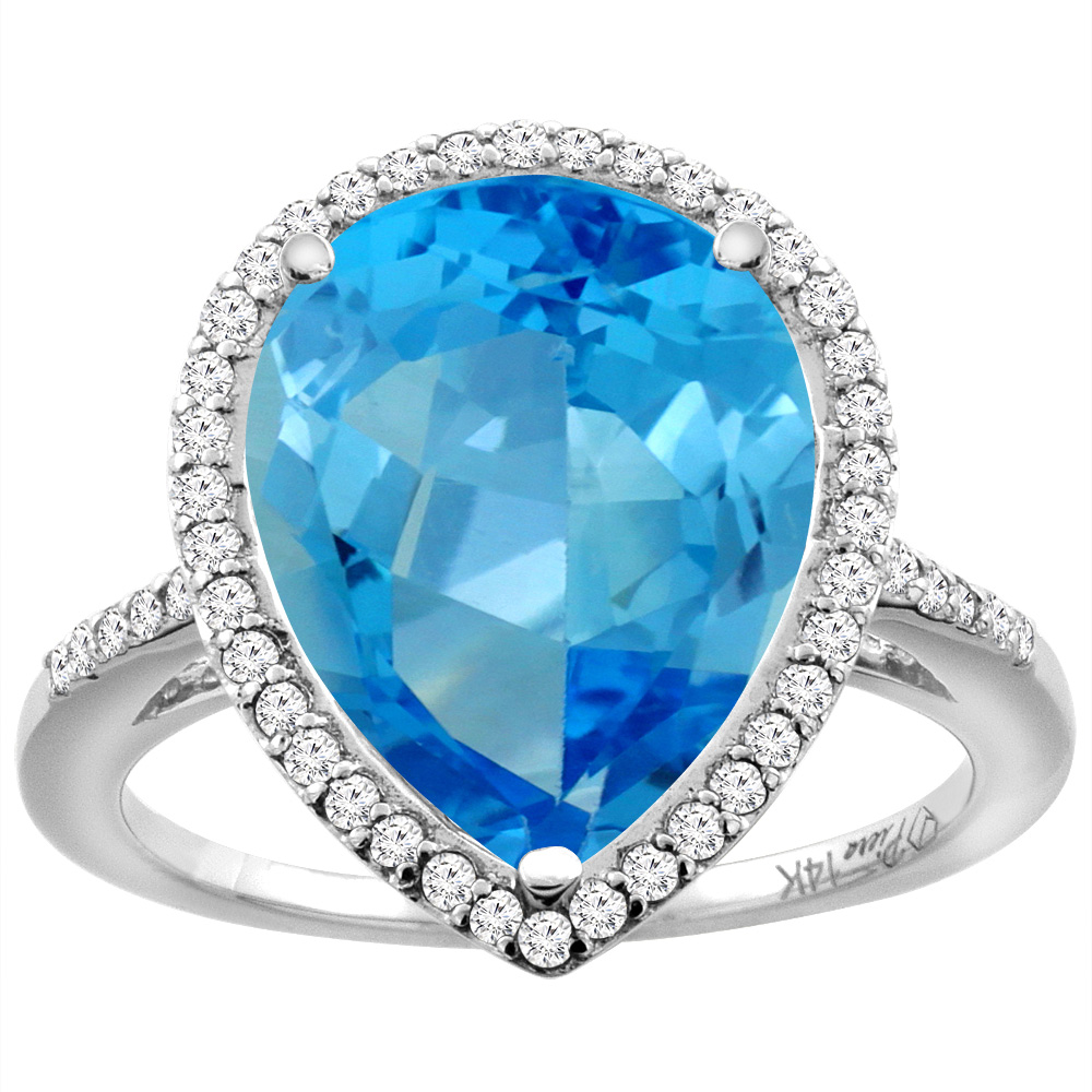 14K White Gold Natural Swiss Blue Topaz & Diamond Engagement Ring Ring Pear Cut 16x12 mm, sizes 5-10