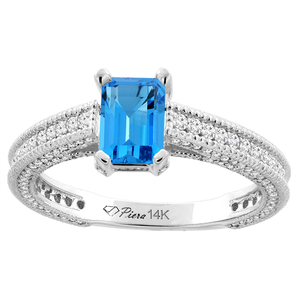 14K White Gold Natural Swiss Blue Topaz &amp; Diamond Ring Octagon 7x5 mm, sizes 5-10