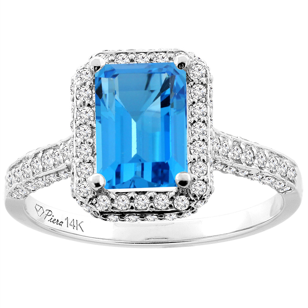 14K White Gold Natural Swiss Blue Topaz Engagement Ring Octagon 8x6 mm, sizes 5-10