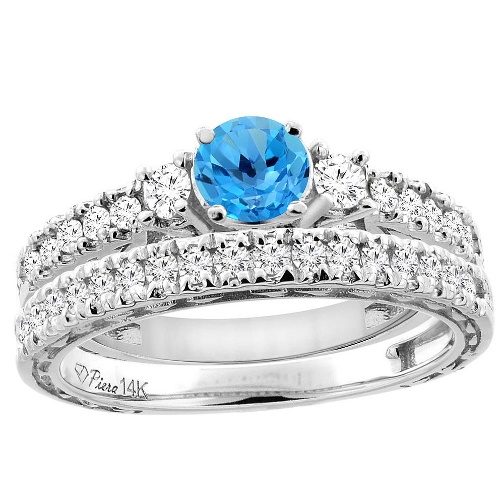14K White Gold Diamond Natural Swiss Blue Topaz Engagement 2-pc Ring Set Engraved Round 6 mm, sizes 5 - 10