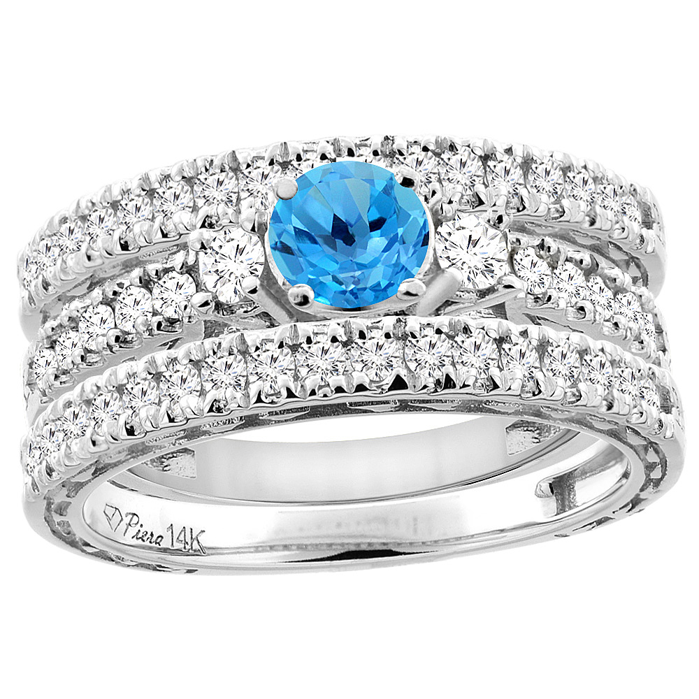14K White Gold Diamond Natural Swiss Blue Topaz Engagement 3-pc Ring Set Engraved Round 6 mm, sizes 5 - 10
