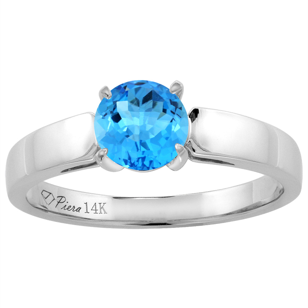 14K White Gold Natural Swiss Blue Topaz Solitaire Engagement Ring Round 7 mm, sizes 5-10