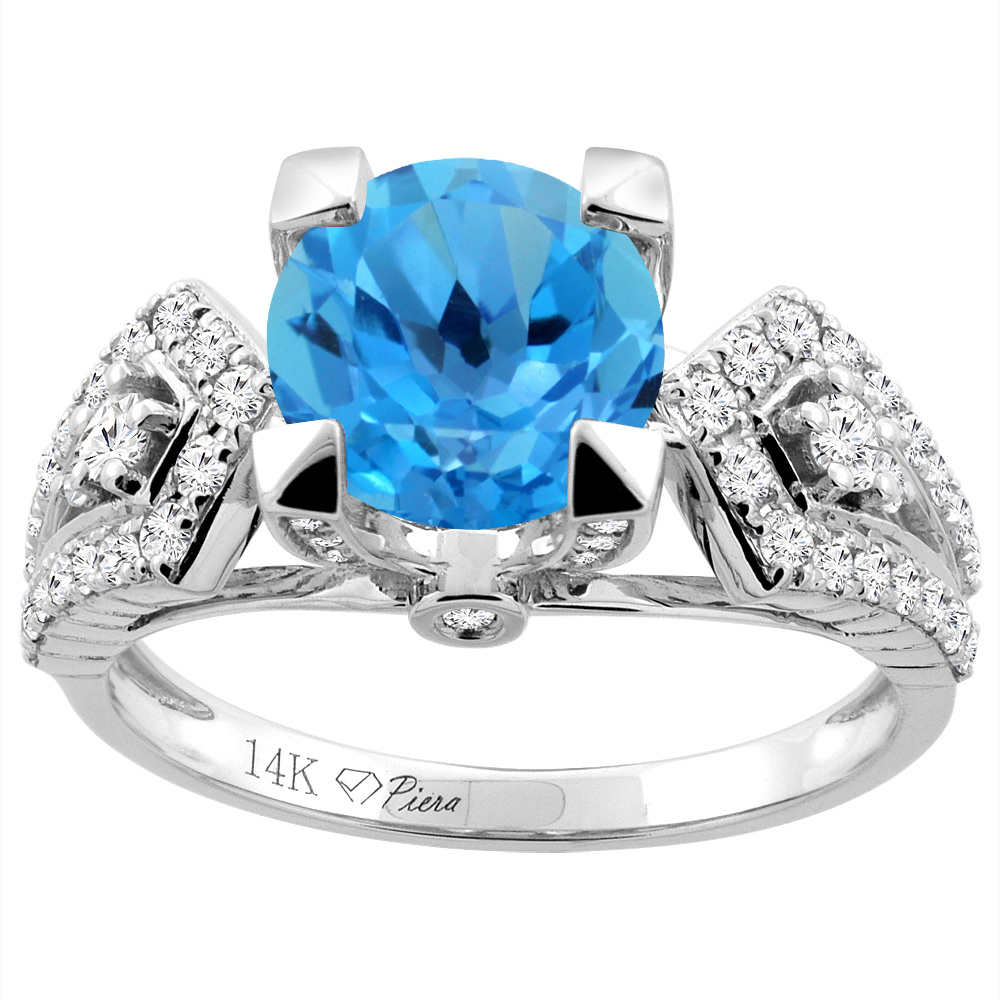 14K Gold Natural Swiss Blue Topaz Ring Round 7 mm Diamond Accents, sizes 5 - 10