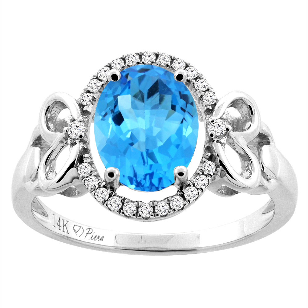 14K Gold Natural Swiss Blue Topaz Halo Ring Oval 9x7 mm Diamond & Heart Accents, sizes 5 - 10