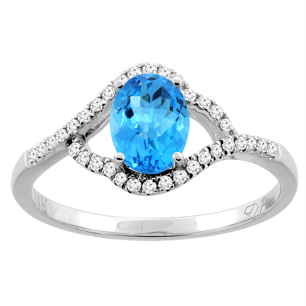 14K Gold Diamond Natural Swiss Blue Topaz Engagement Ring Oval 7x5 mm, sizes 5 - 10