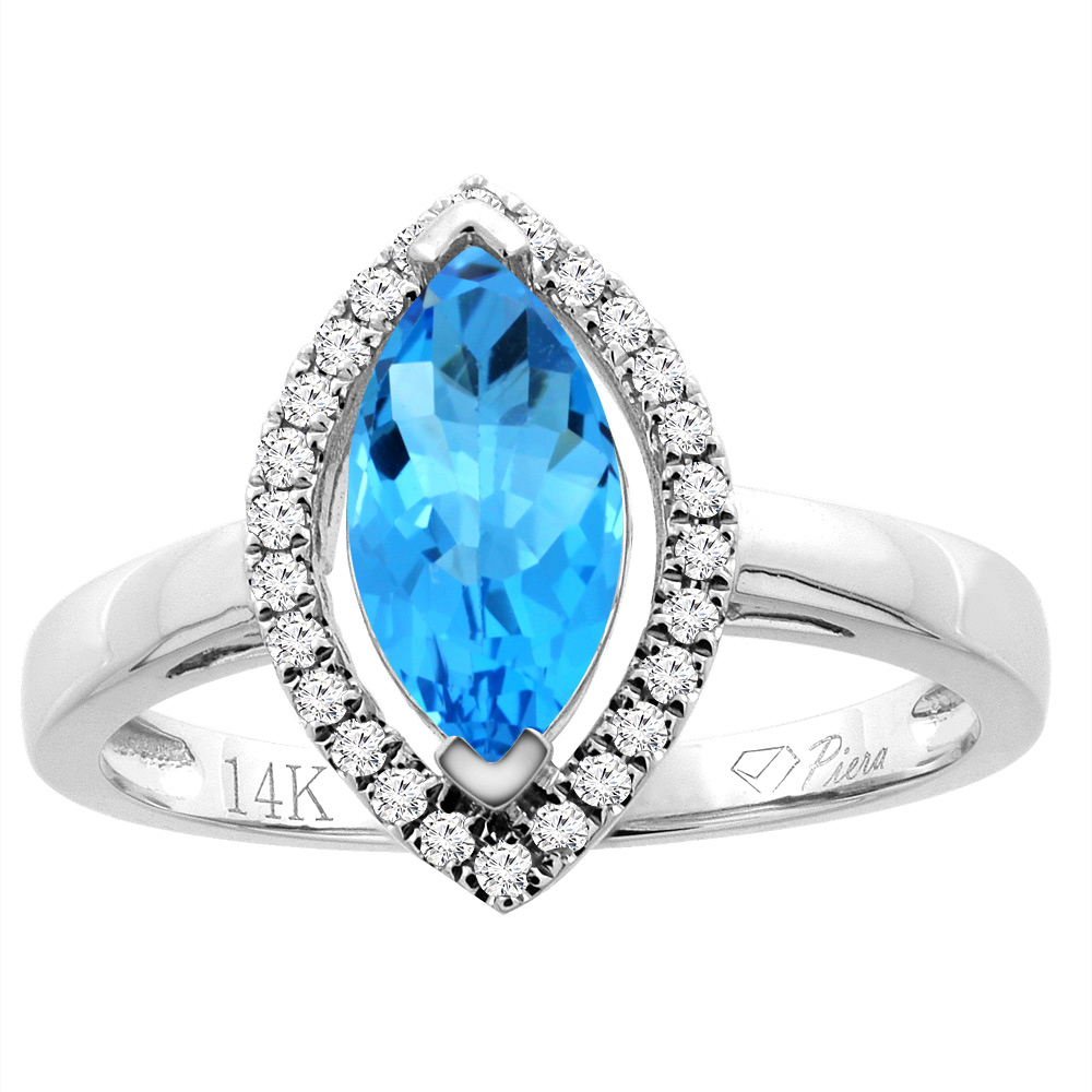14K Gold Natural Swiss Blue Topaz Halo Ring Marquise 10x5 mm Diamond Accents, sizes 5 - 10