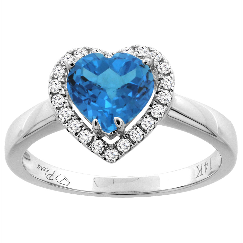 14K Gold Natural Swiss Blue Topaz Halo Ring Heart 7x7 mm Diamond Accents, sizes 5 - 10