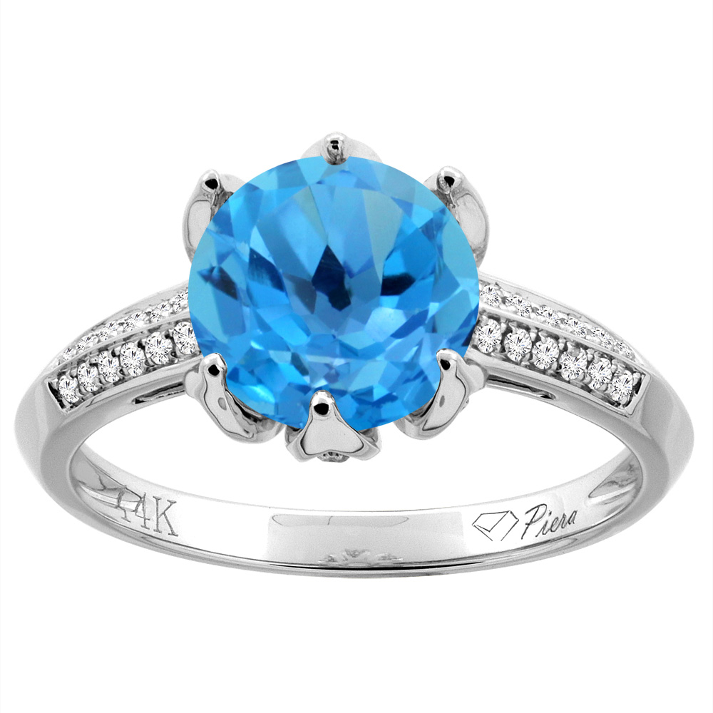 14K Gold Natural Swiss Blue Topaz Ring Round 8 mm Diamond Accents, sizes 5 - 10