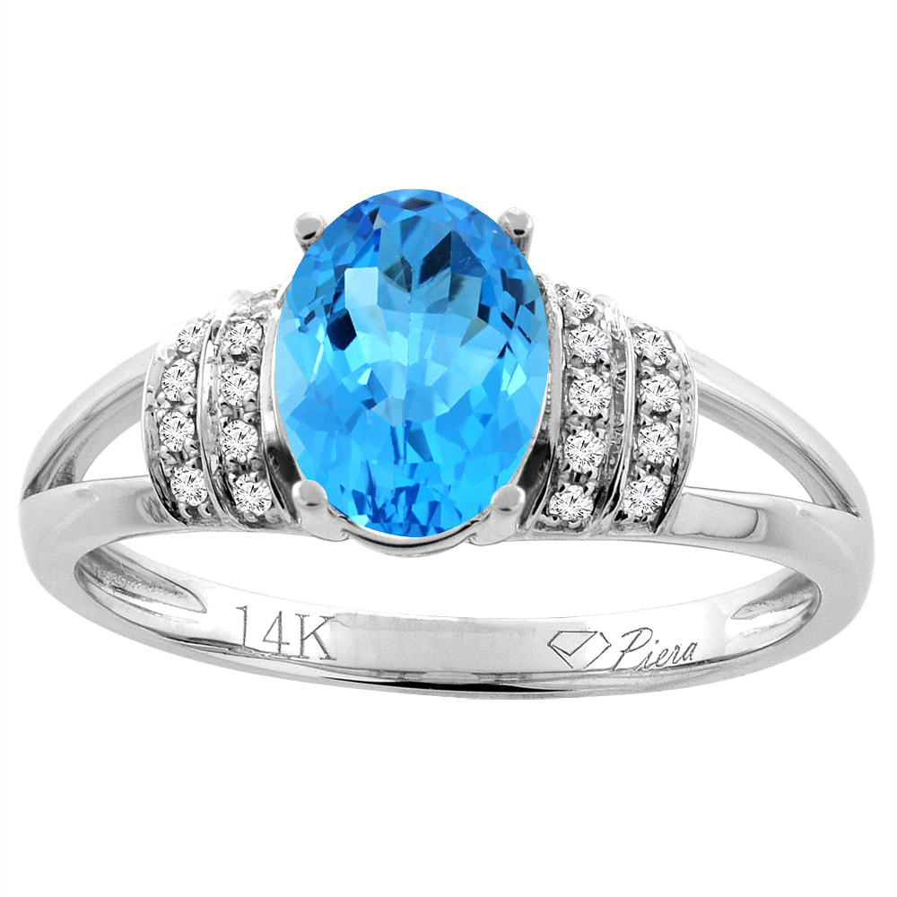 14K Gold Natural Swiss Blue Topaz Ring Oval 8x6 mm Diamond Accents, sizes 5 - 10