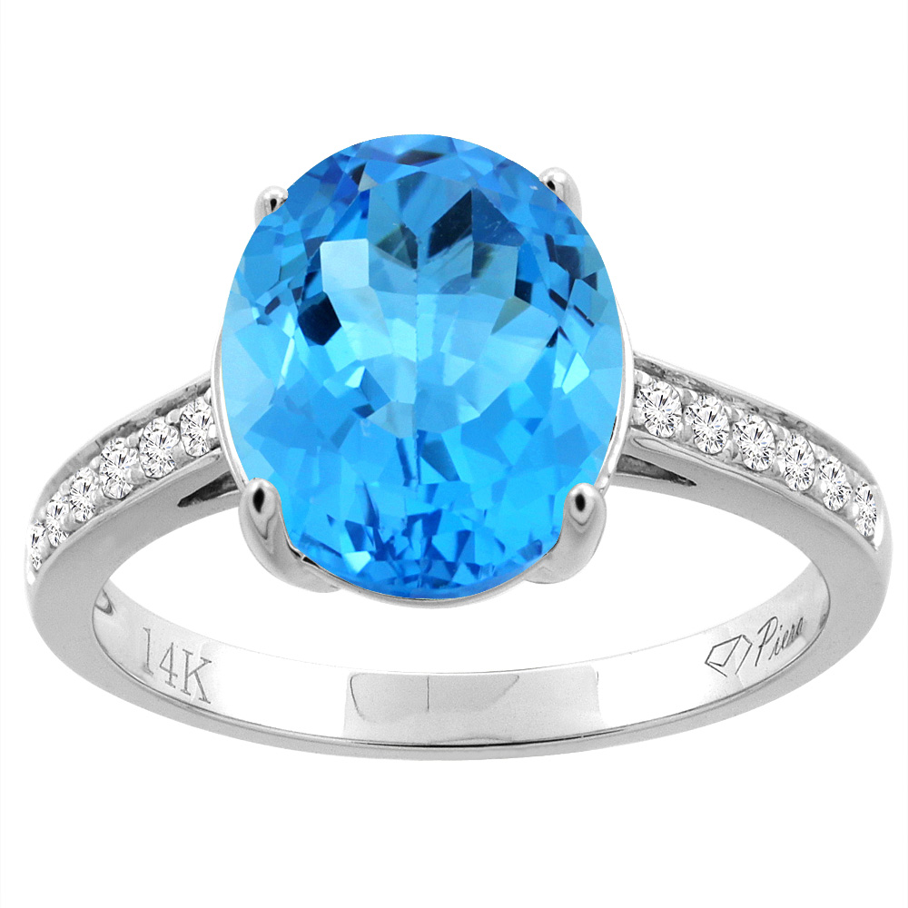 14K Gold Natural Swiss Blue Topaz Ring Oval 11x9 mm Diamond Accents, sizes 5 - 10