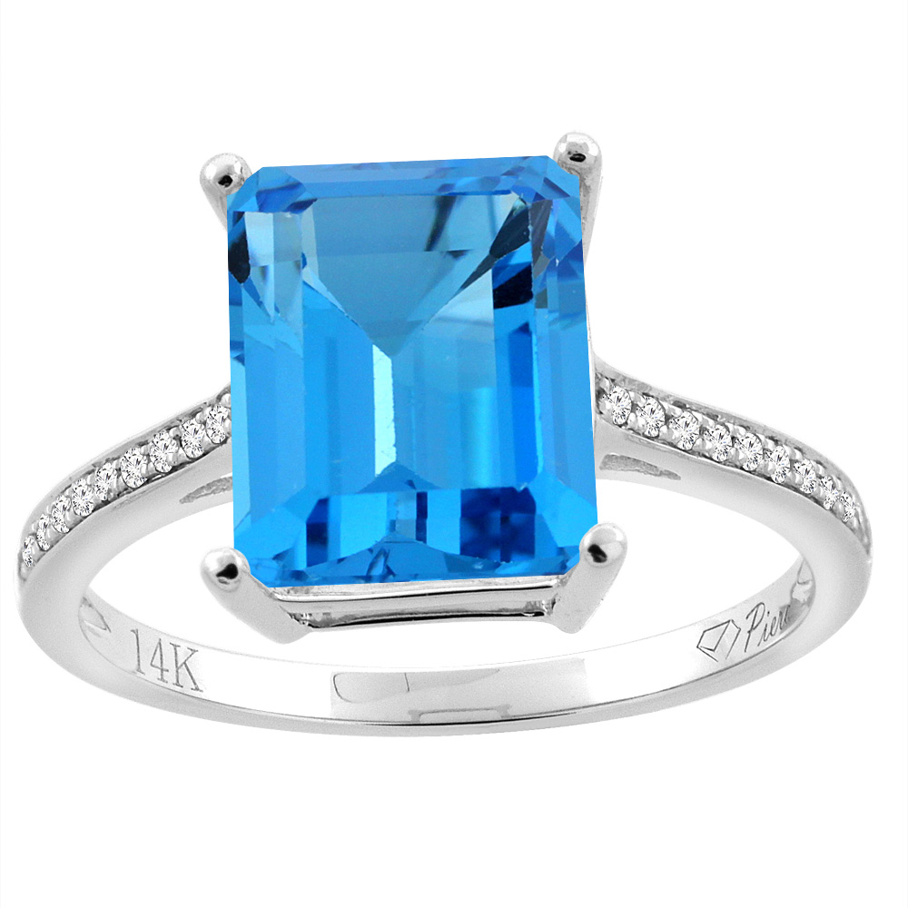 14K Gold Natural Swiss Blue Topaz Ring Octagon 10x8 mm Diamond Accents, sizes 5 - 10