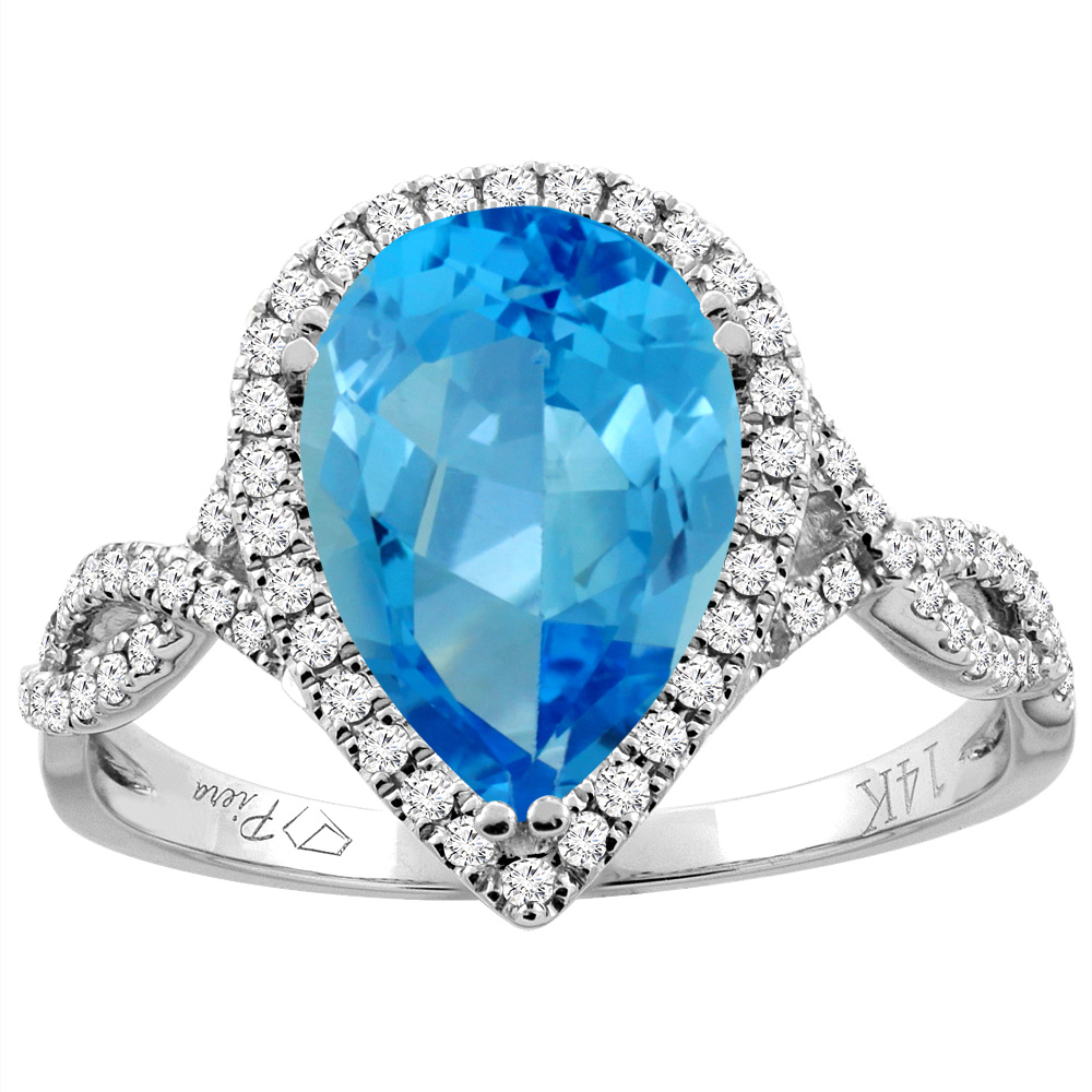 14K Gold Natural Swiss Blue Topaz Ring Pear Shape 12x8 mm Diamond Accents, sizes 5 - 10