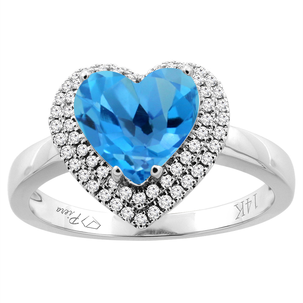 14K Gold Natural Swiss Blue Topaz Ring Heart Shape 8 mm Diamond Accents, sizes 5 - 10