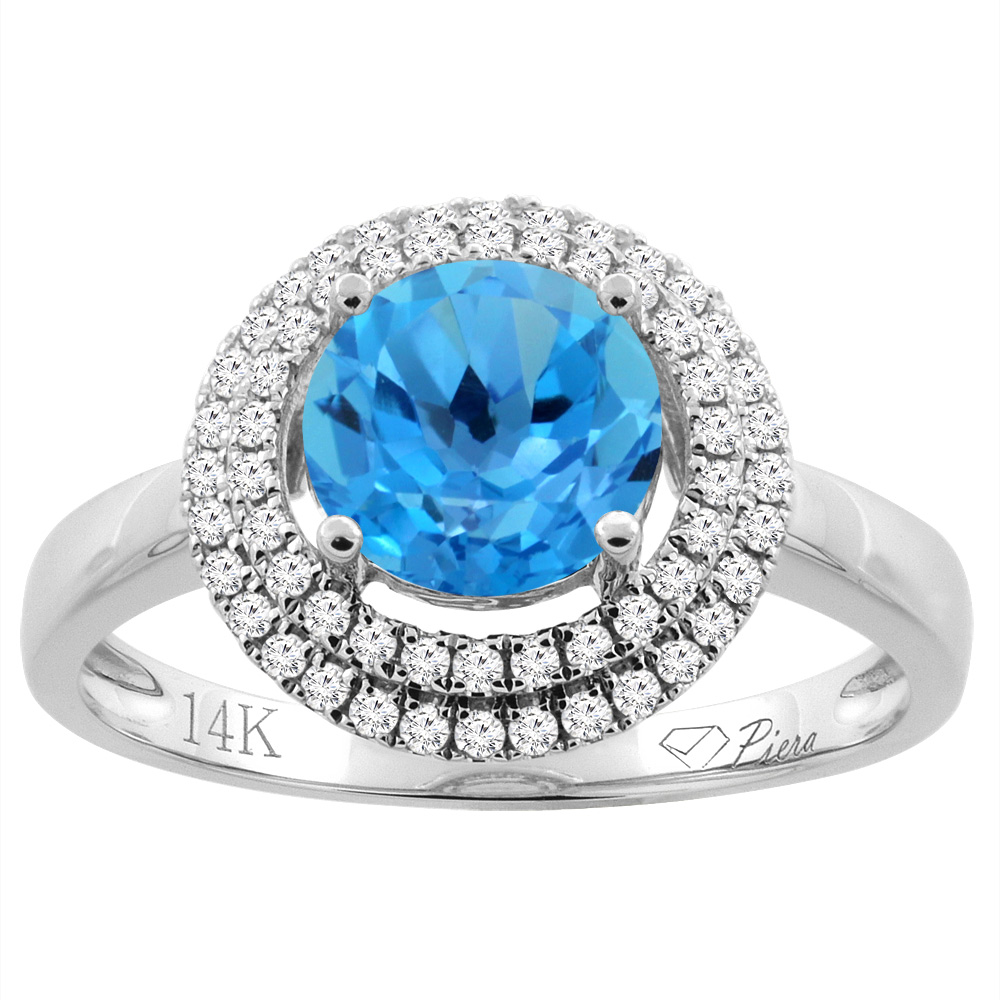14K Gold Natural Swiss Blue Topaz Ring Round 7 mm Double Halo Diamond Accents, sizes 5 - 10