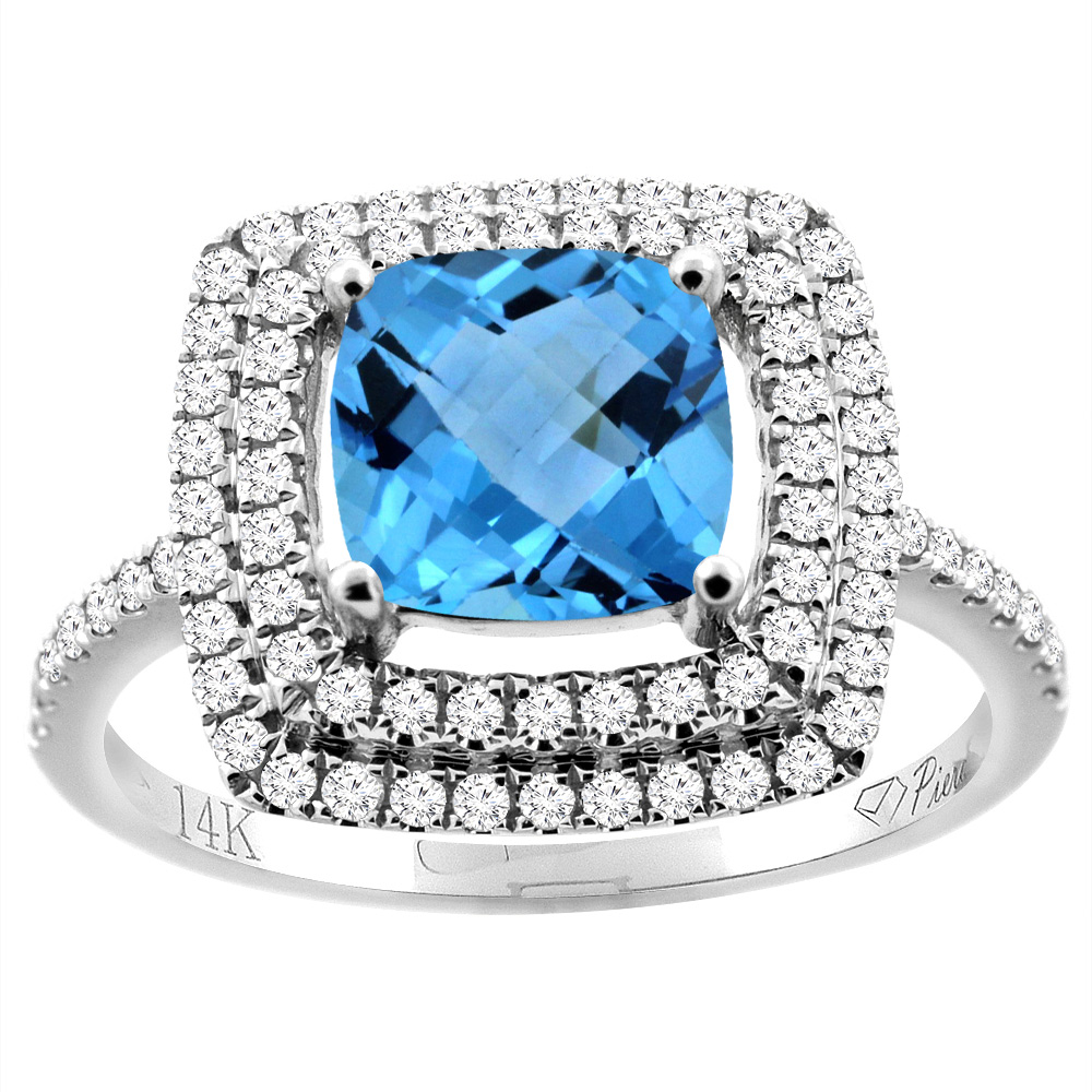 14K Gold Natural Swiss Blue Topaz Ring Cushion Cut 7x7 mm Double Halo Diamond Accents, sizes 5 - 10