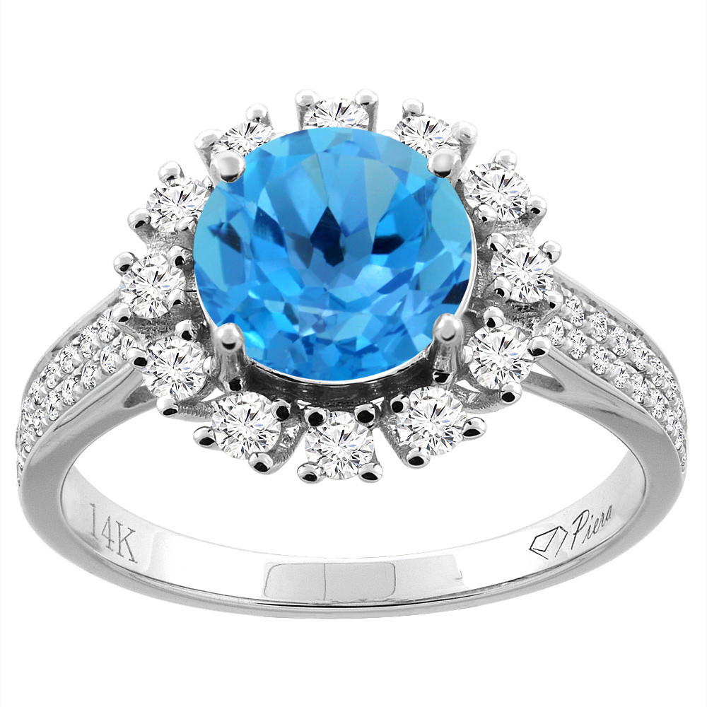 14K Gold Natural Swiss Blue Topaz Ring Round 8 mm Diamond Accents, sizes 5 - 10