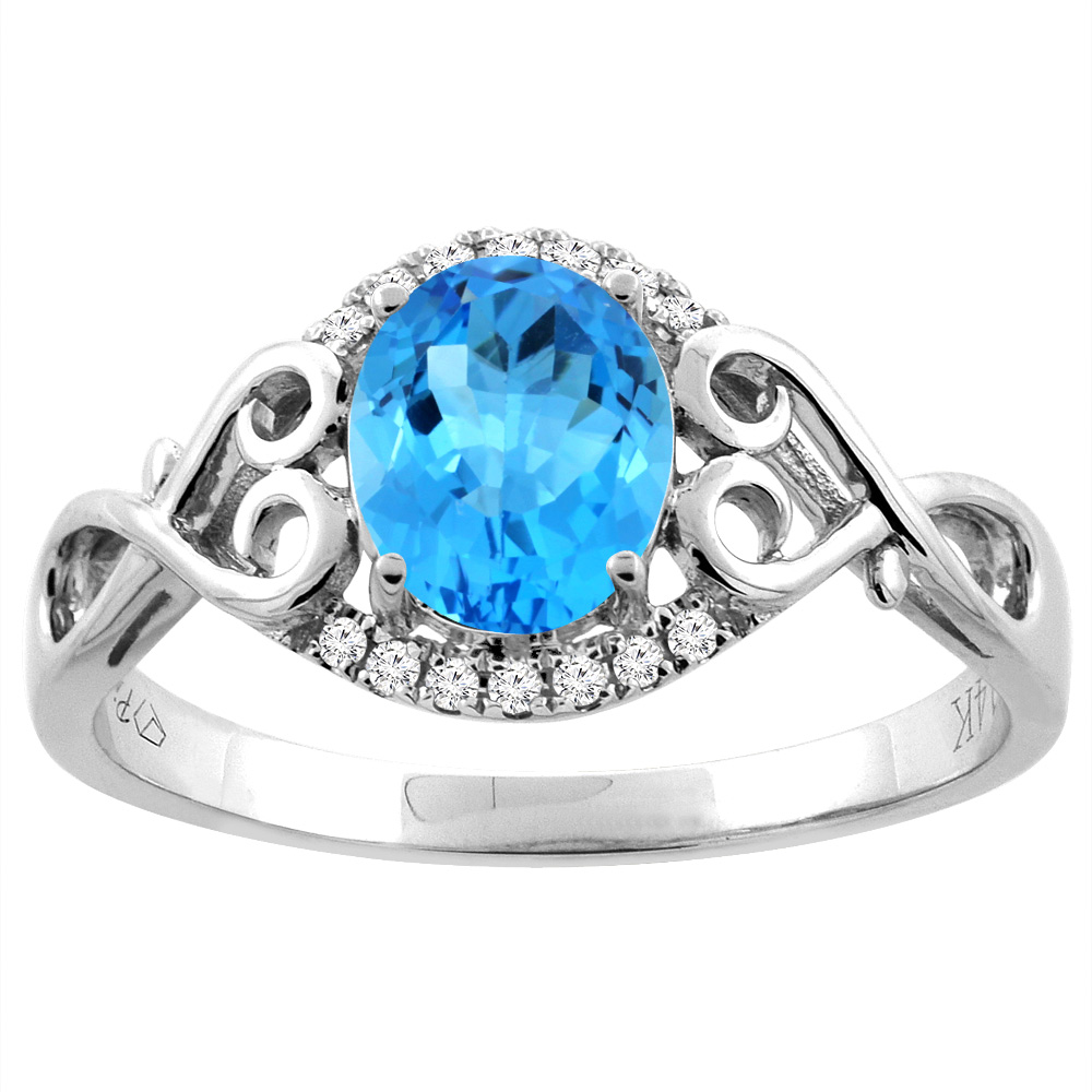 14K Gold Natural Swiss Blue Topaz Ring Oval 8x6 mm Diamond &amp; Heart Accents, sizes 5 - 10