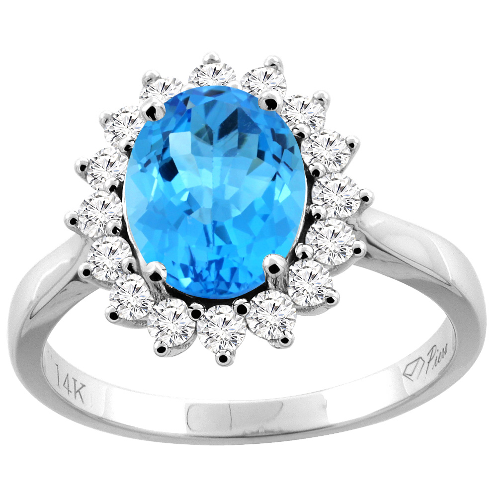 14K Gold Natural Swiss Blue Topaz Ring Oval 9x7 mm Diamond Accents, sizes 5 - 10